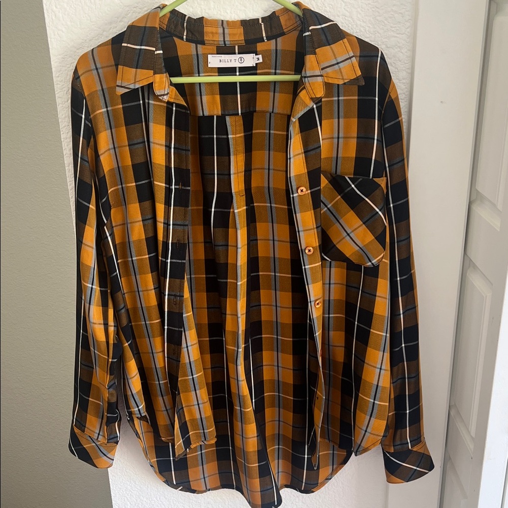 Billy T Women's Plaid Button Down Shirt - Black and Orange